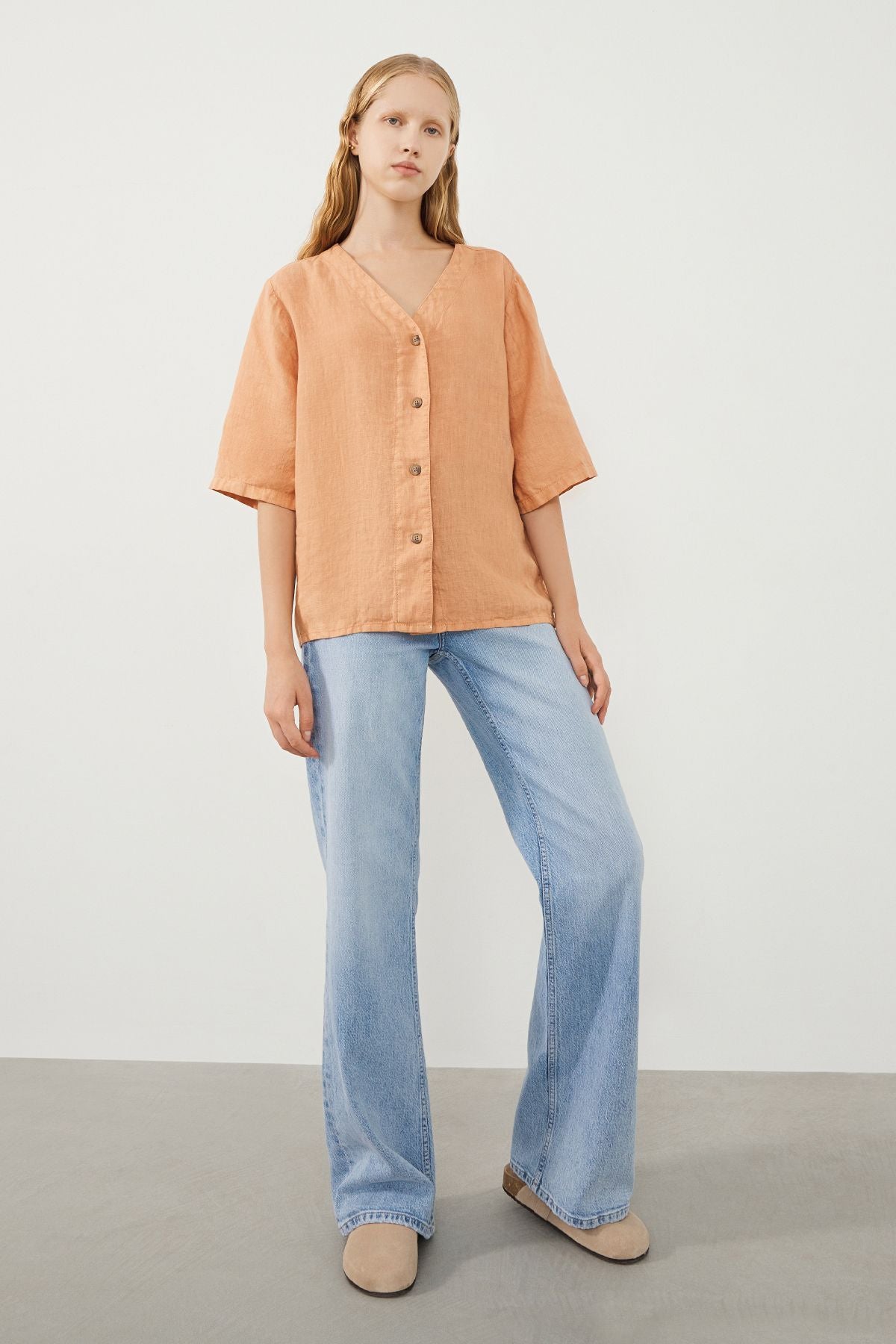 Ra Denim-Sora Oversize Fit Orange Women’s Linen Shirt-2
