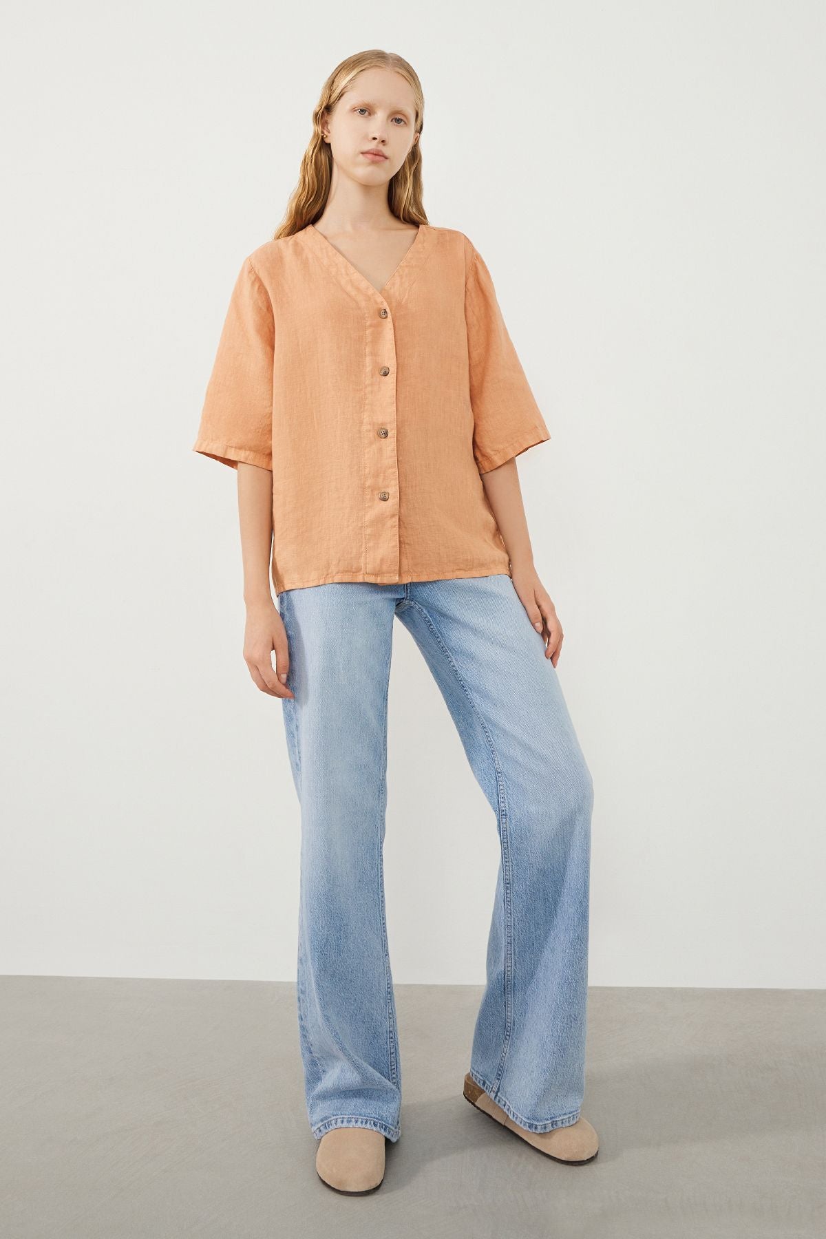  Ra Denim-Sora Oversize Fit Orange Women’s Linen Shirt-2