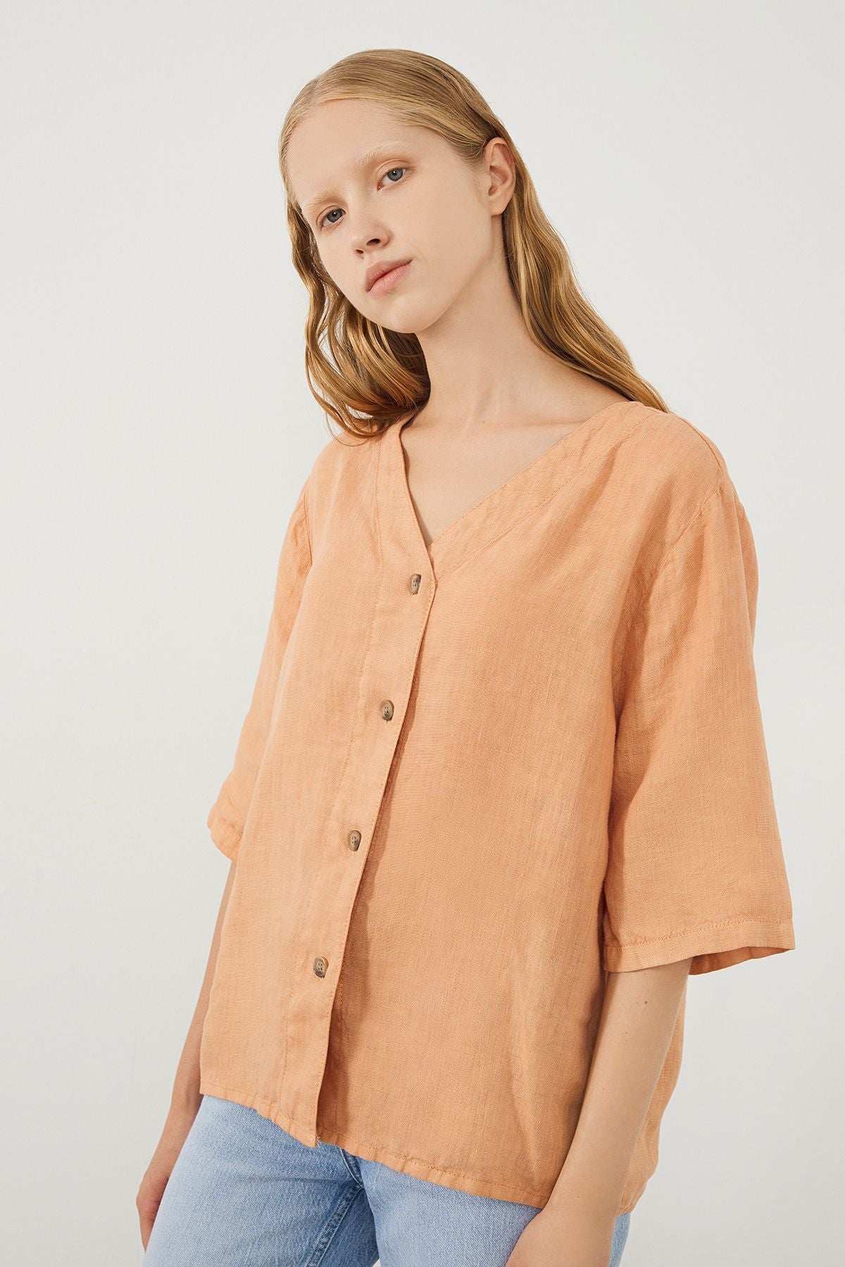 Ra Denim-Sora Oversize Fit Orange Women’s Linen Shirt-3