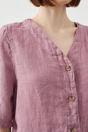 Close up of  Shortsleeved Purple Women’s Linen Shirt by Ra Denim