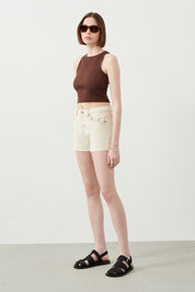 Stylish Look created with Ecru Denim Shorts, black sandals and cool sunglasses for a great summer outfit