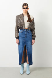 Ra Denim-Sisu Slim Fit Dark Blue Slit Maxi Women's Jean Skirt-1