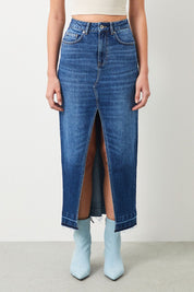 Ra Denim-Sisu Slim Fit Dark Blue Slit Maxi Women's Jean Skirt-3