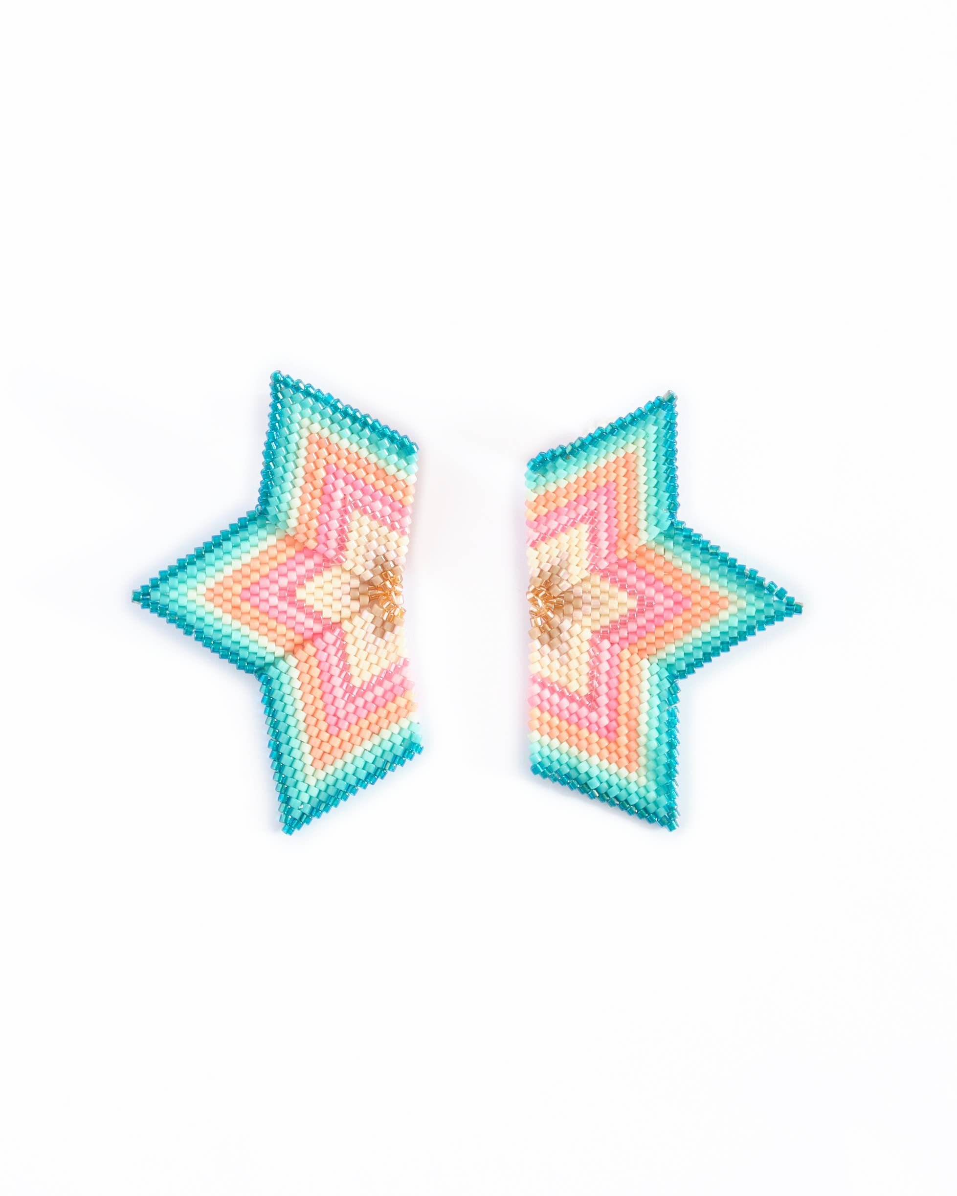 Beaded half star earrings in shades of Aqua blue and pink tones  featuring intricate handwoven designs with stunning color contrast.