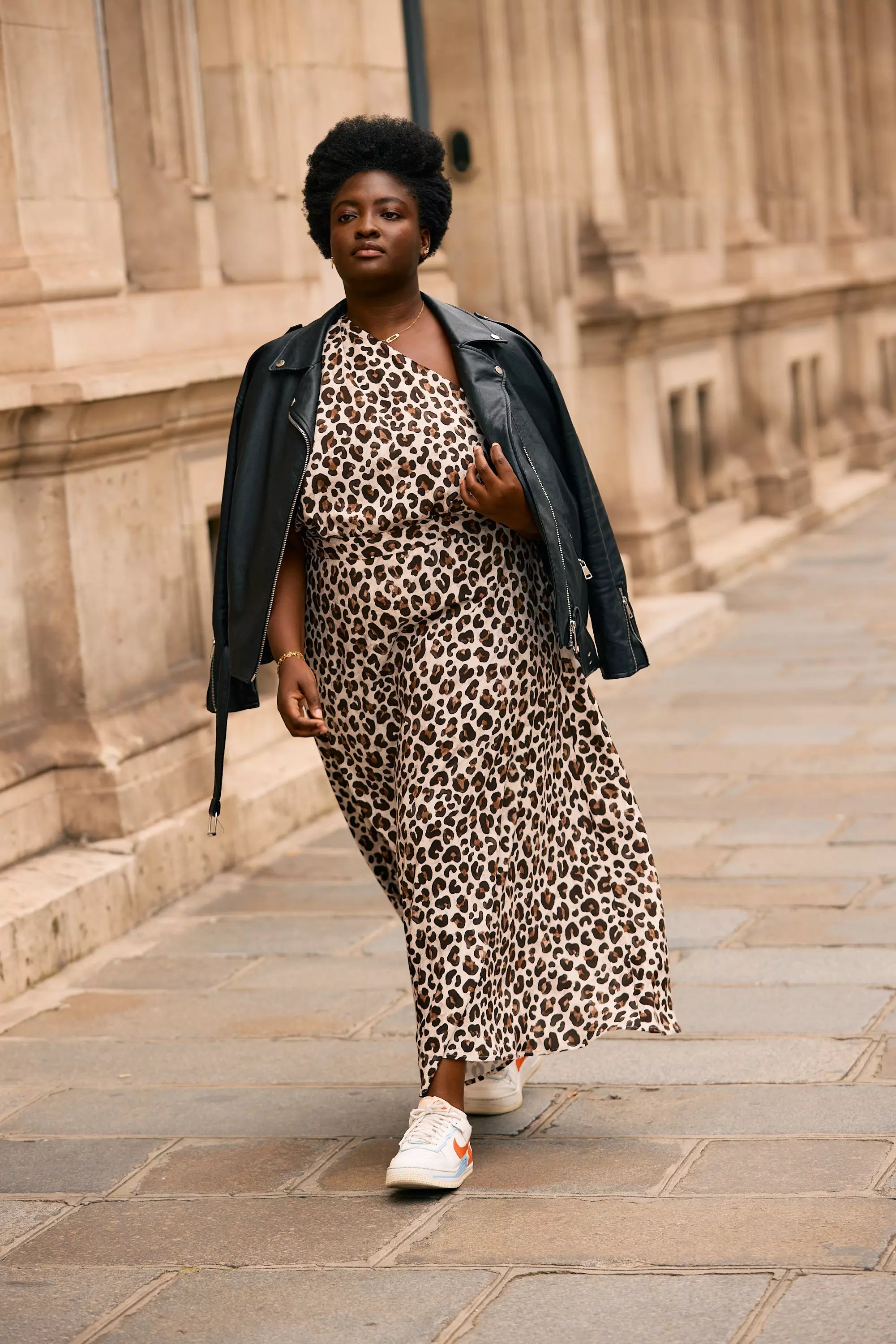 Chic and edgy outfit - Leopard skirt paired with SOPHIE one-shoulder top and black leather jacket