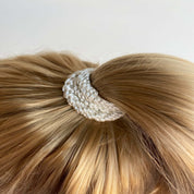 Kknekki Ivory Hair Elastic worn in a ponytail, showcasing its durability and stylish design