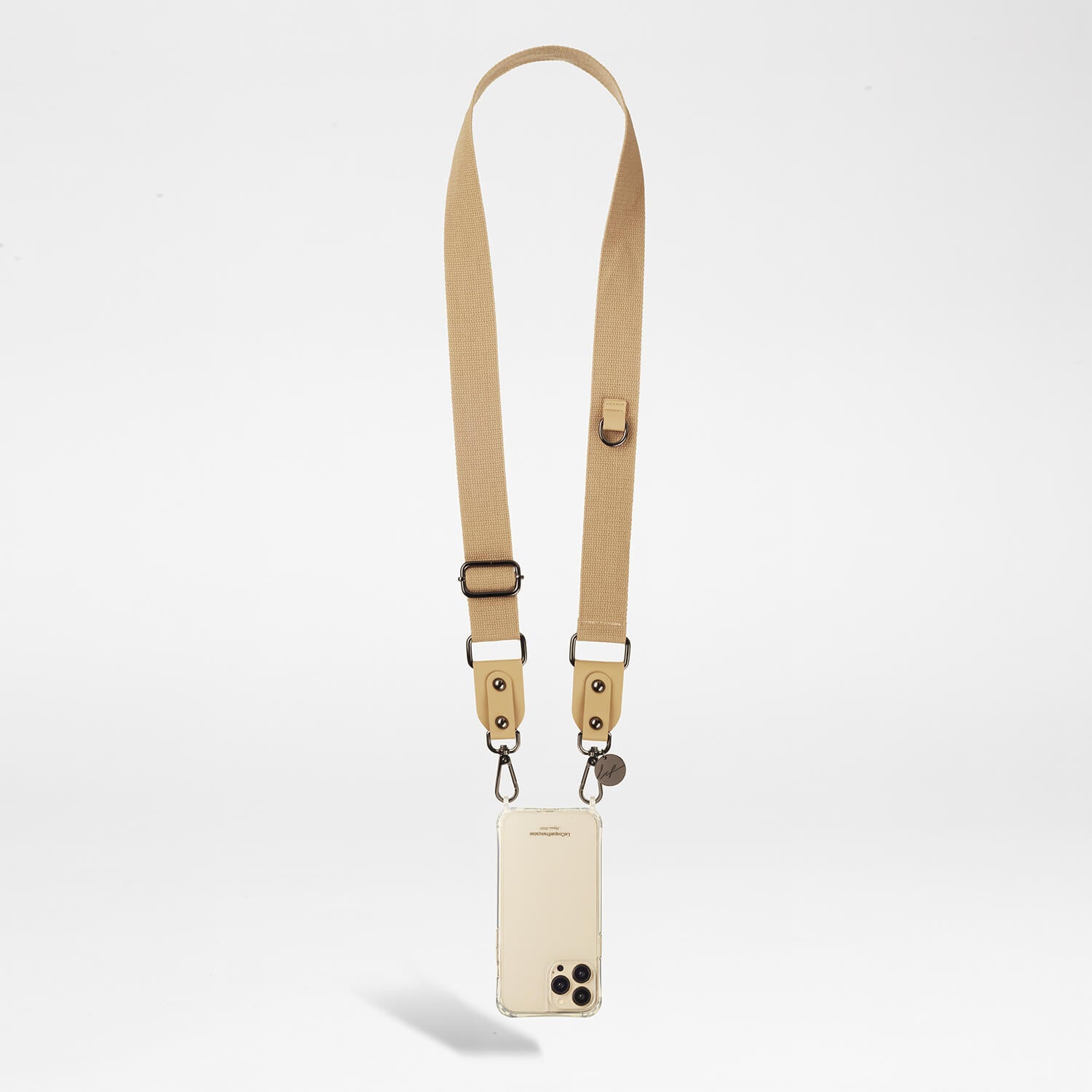 A beige Noe phone chain, 140 cm long and fully adjustable, featuring soft fabric and rotating stainless steel carabiners. A stylish and practical way to carry your phone hands-free