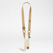 A beige Noe phone chain, 140 cm long and fully adjustable, featuring soft fabric and rotating stainless steel carabiners. A stylish and practical way to carry your phone hands-free
