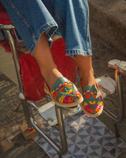 Close-up of the vibrant braided leather design of MEXAS loafers