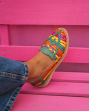 Handcrafted MEXAS authentic leather  sandals in green, yellow, and pink.
