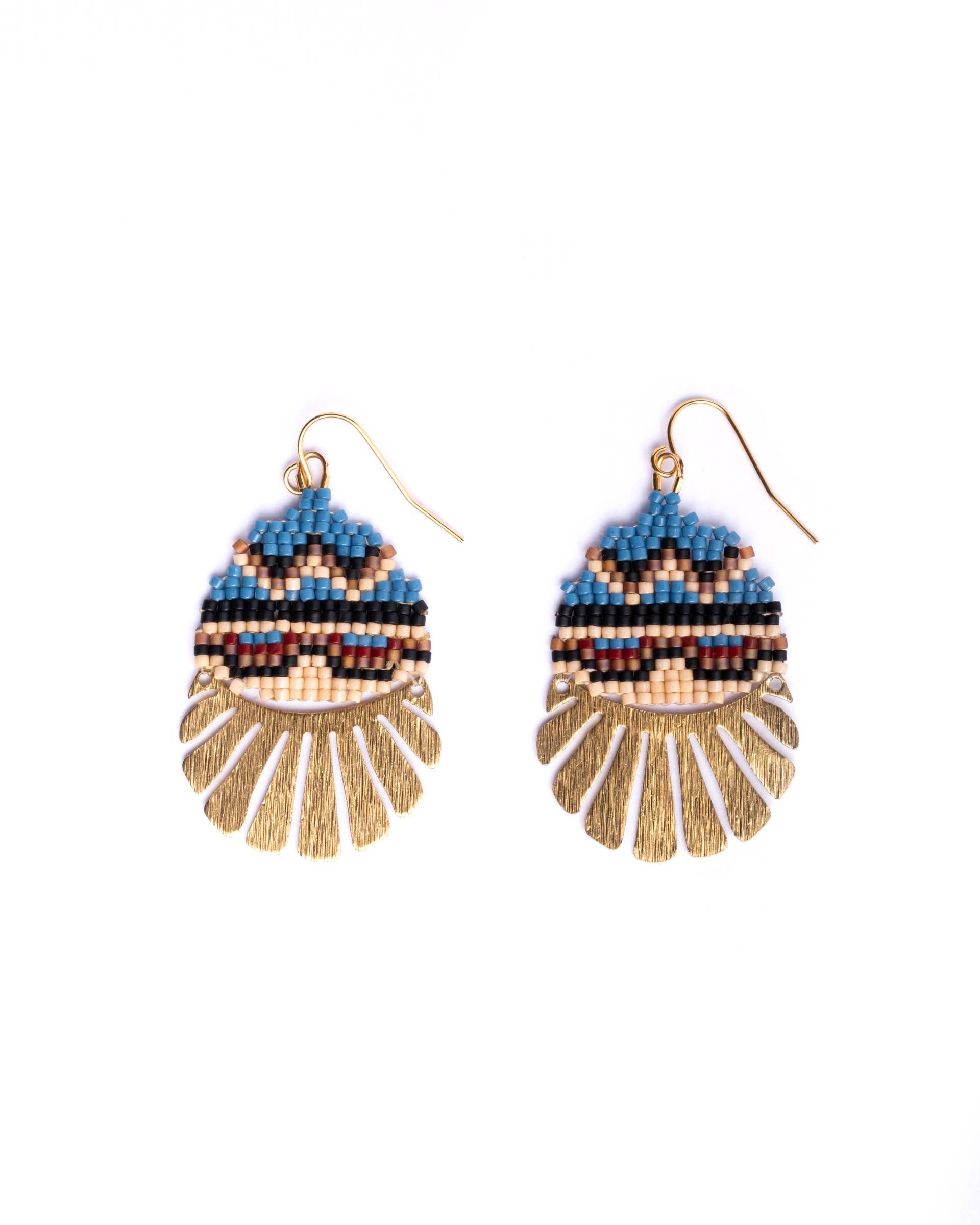 Mayana Designs Beaded Santa Fe Drops – Tribal Blue Edition, showcasing the intricate beadwork and brass charm in a vibrant blue tribal design.