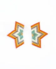 Handmade half-star earrings in orange, mint and white, with elegant beading and a modern design for a chic look