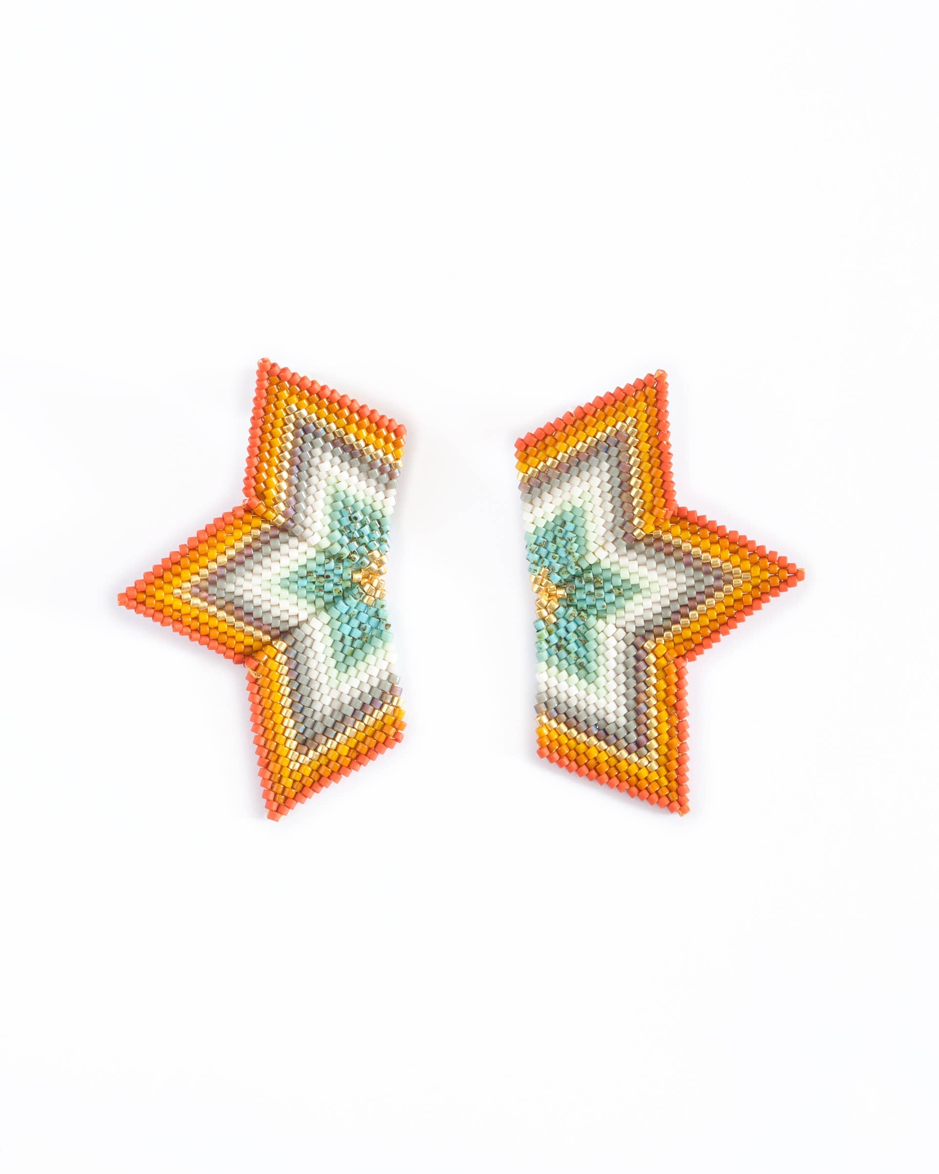 Handmade half-star earrings in orange, mint and white, with elegant beading and a modern design for a chic look