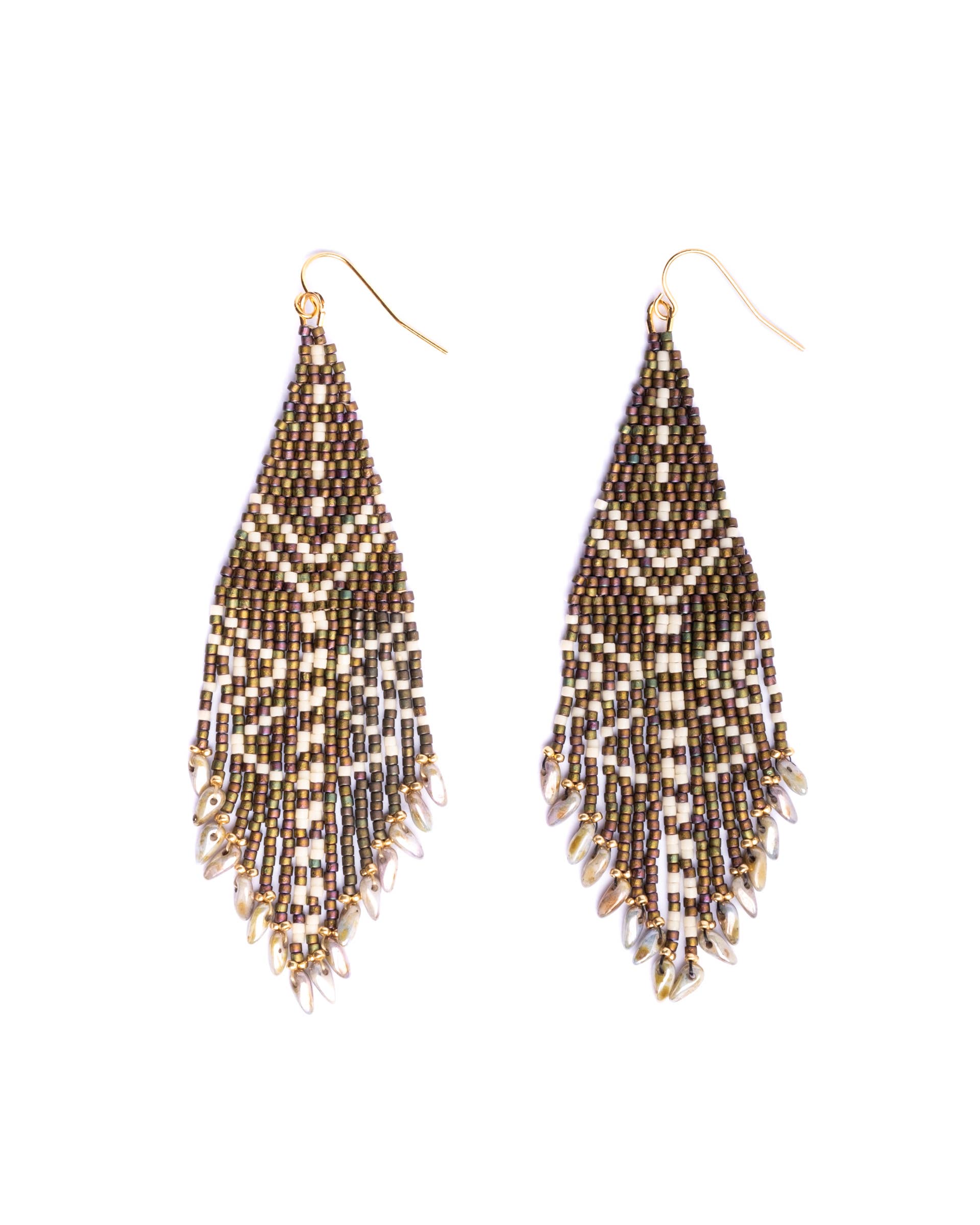 Mayana Designs Beaded Handwoven Taos Fringe Earrings in Dark Brown. Boho Jewellery perfect for adding festival-ready flair with intricate beadwork and fringe details.