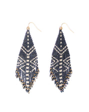 Mayana Designs Beaded Handwoven Taos Fringe Earrings in Teal, showcasing intricate beadwork and fringe details with a pop of vibrant color.