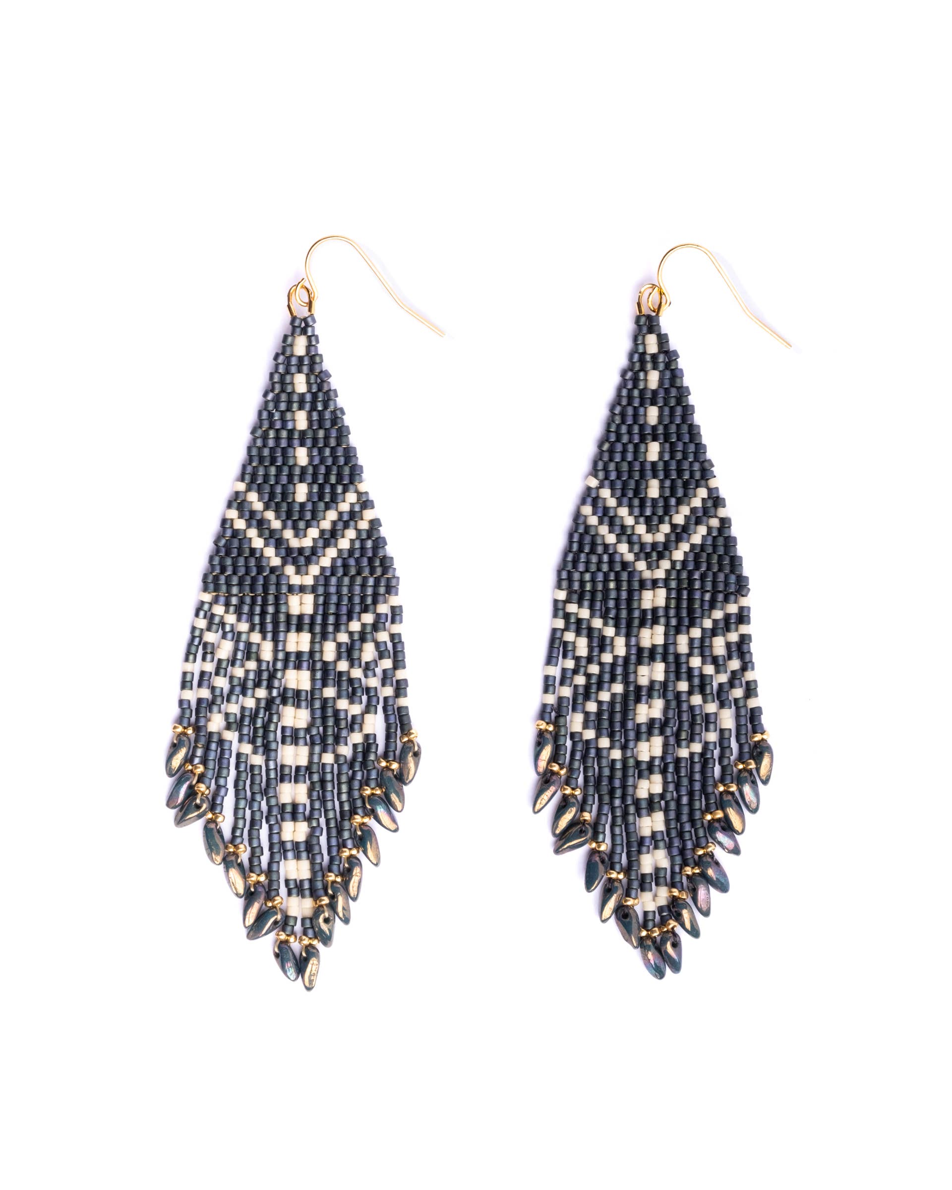 Mayana Designs Beaded Handwoven Taos Fringe Earrings in Teal, showcasing intricate beadwork and fringe details with a pop of vibrant color.