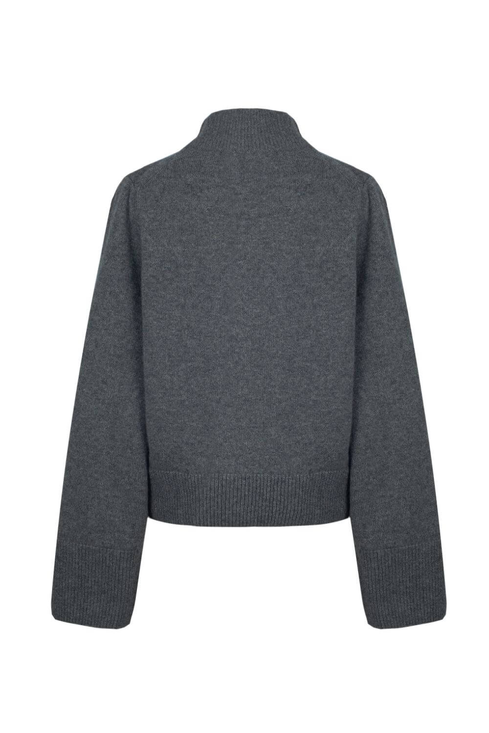 Back view of a grey cashmere sweater by Nuage Cashmere, featuring wide sleeves and a high neck in a soft, knitted design