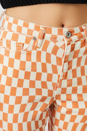 Close-up: Mira Boyfriend Fit Checkered Jeans by Ra Denim, sustainable and stylish