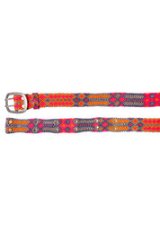 Handwoven Adriana Peppy Belt by Smitten in grey and pink, laid flat with geometric patterns and sturdy metal buckle