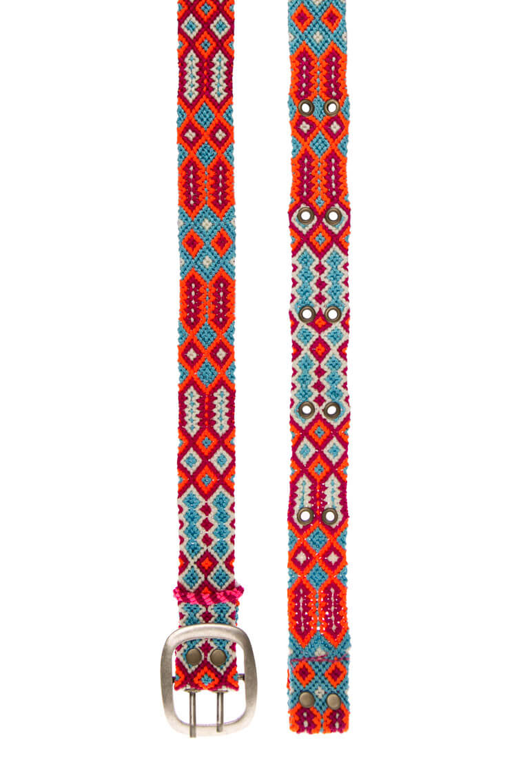 Close-up of Adriana Happy Golf Belt in turquoise and orange, showing handwoven pattern and brass buckle.