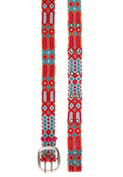 Close-up of Adriana Happy Golf Belt in turquoise and orange, showing handwoven pattern and brass buckle.