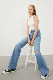 Ra Denim-Odin Wide Leg Fit Blue Destroyed Women’s Jeans-1