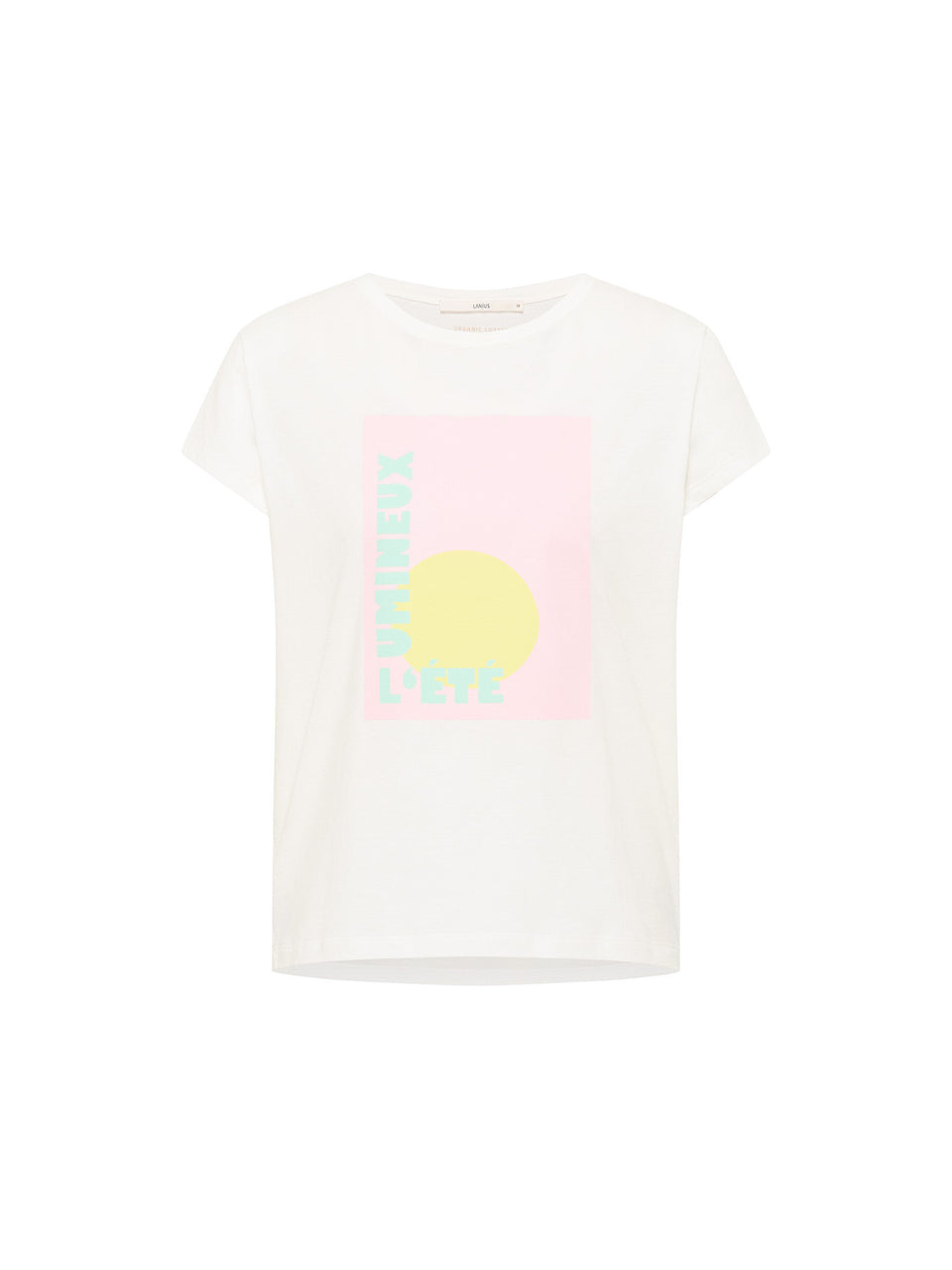 Lanius Lumineux T-shirt in white with pink and yellow graphic print, organic cotton, sustainable fashion for women in Switzerland