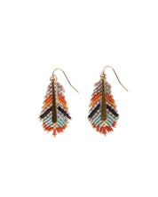 Mayana Designs handwoven feather earrings in aqua and rust, crafted from Miyuki beads with gold-plated ear wires