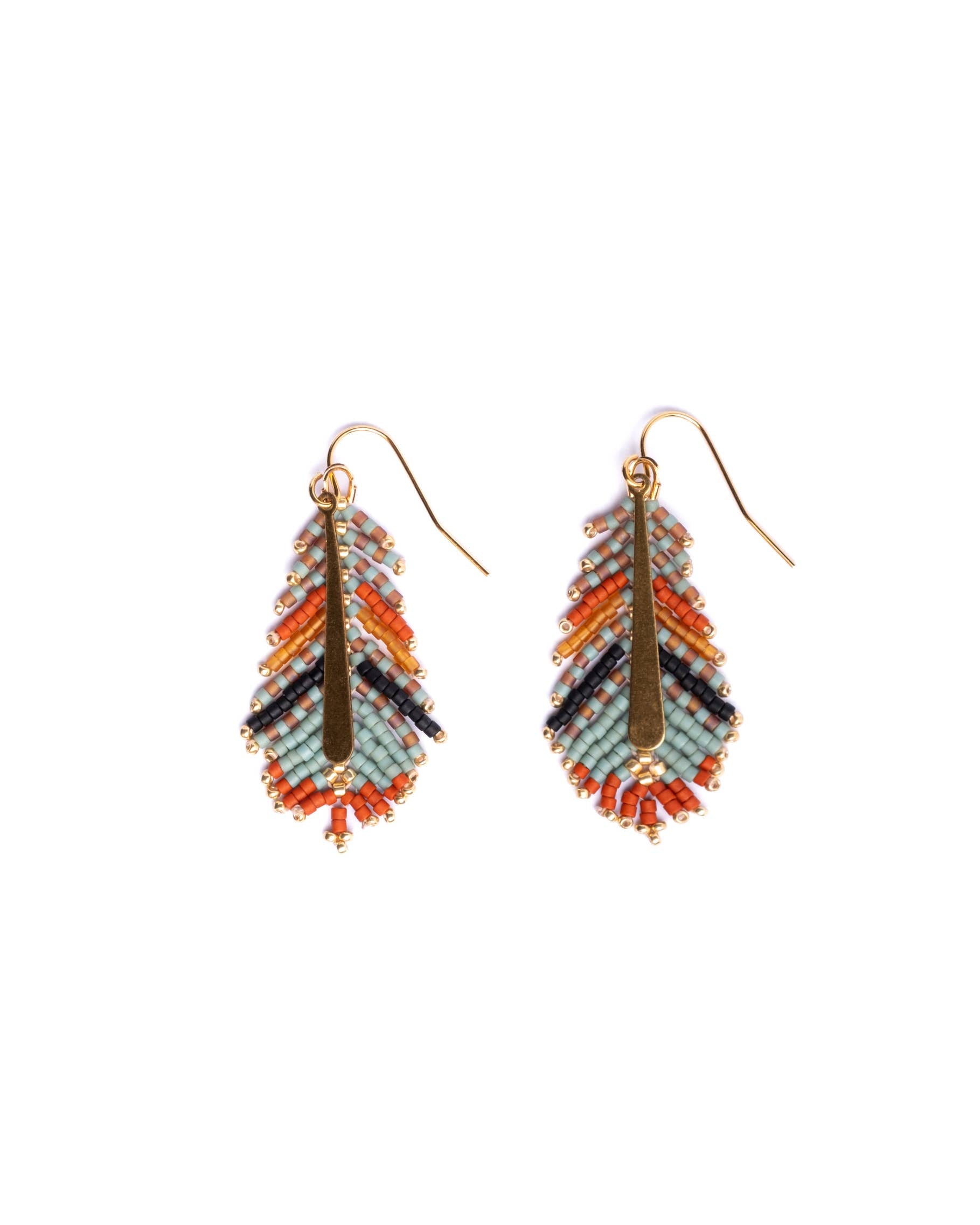 Mayana Designs handwoven feather earrings in aqua and rust, crafted from Miyuki beads with gold-plated ear wires
