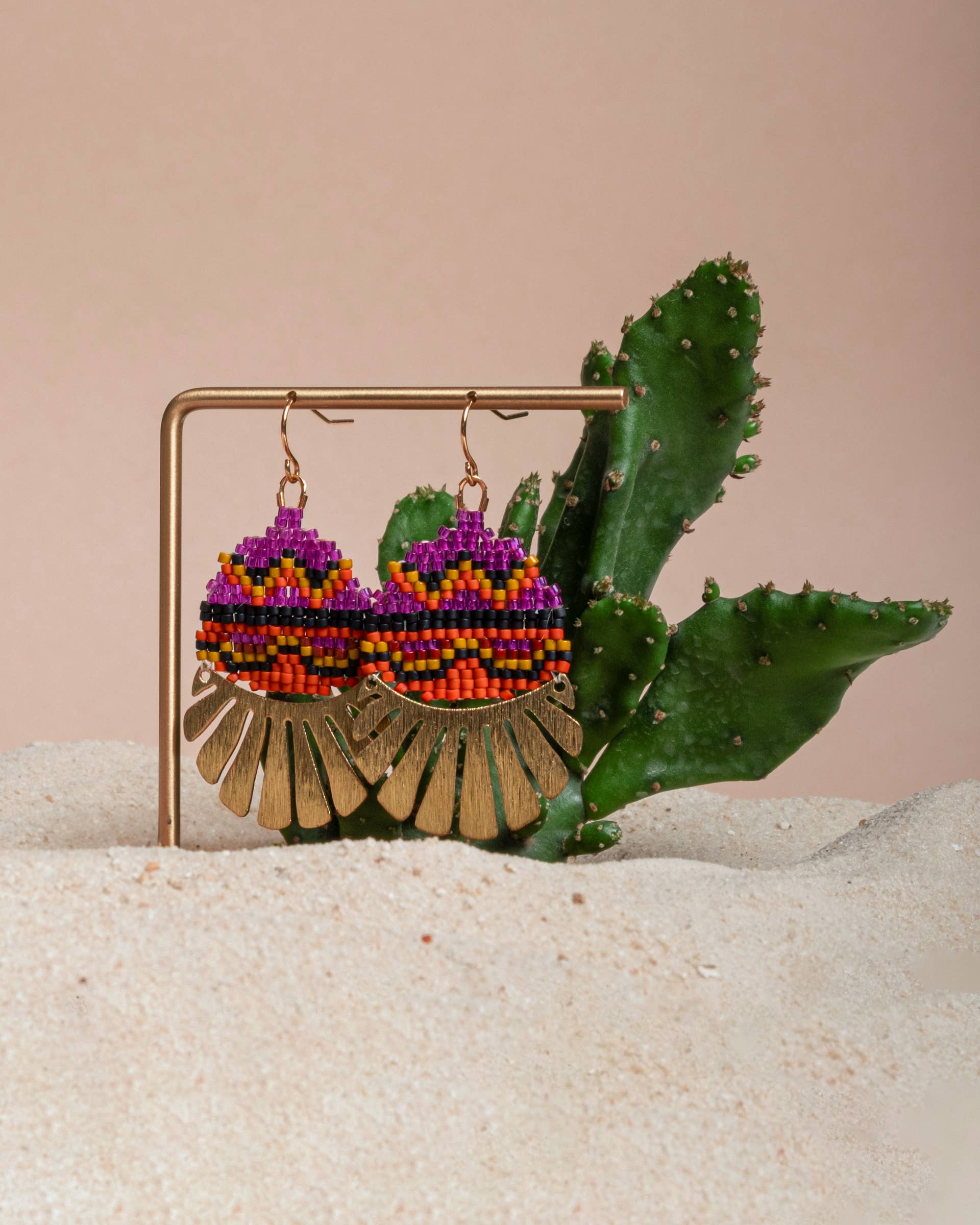 Mayana Designs Beaded Handwoven Santa Fe Drop Earrings on jewellery display highlighting the geometric pattern and vibrant colors.