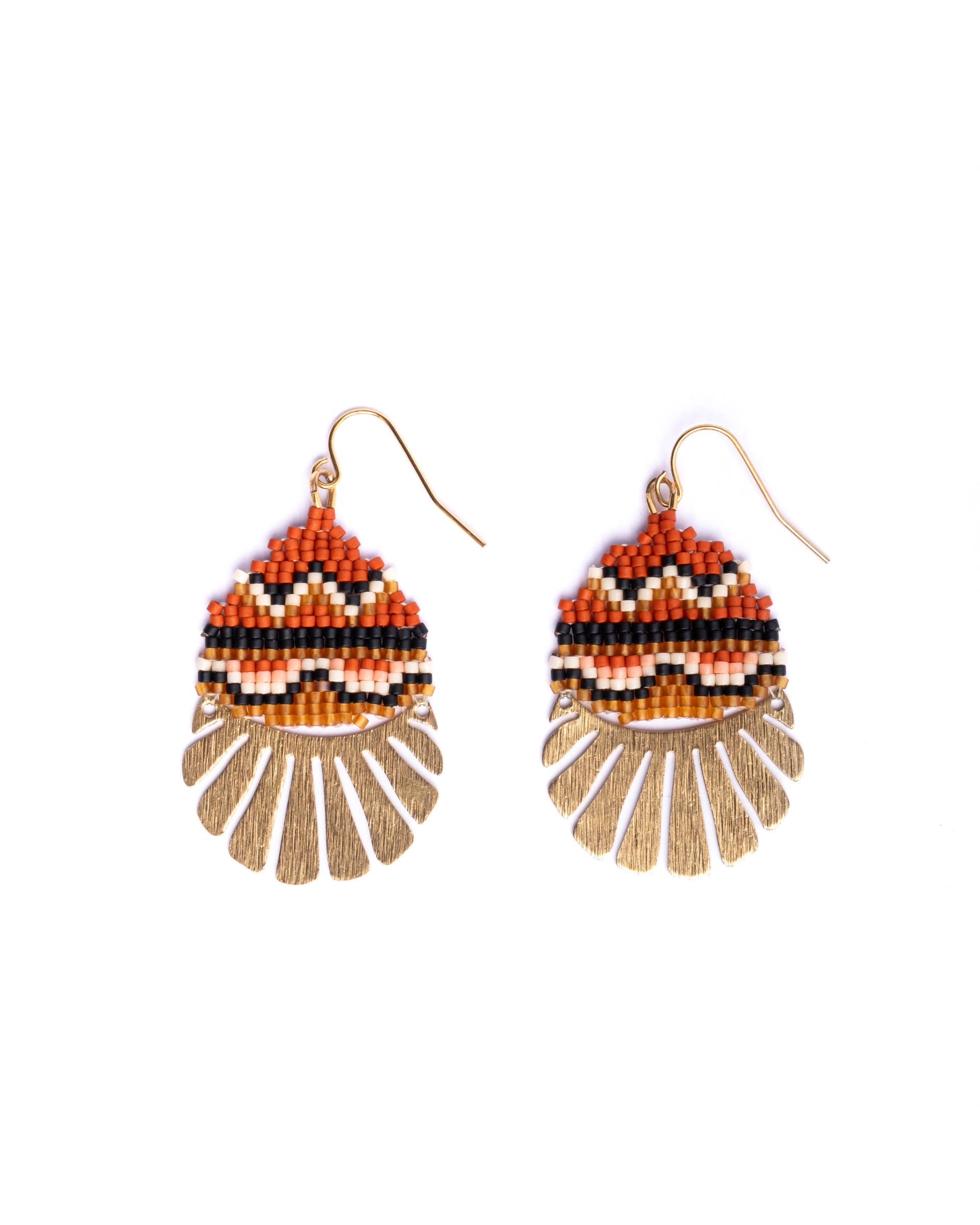 Mayana Designs Beaded Santa Fe Drop Earrings  – Tribal Terracotta Edition, highlighting the intricate beadwork and brass charm in a warm terracotta