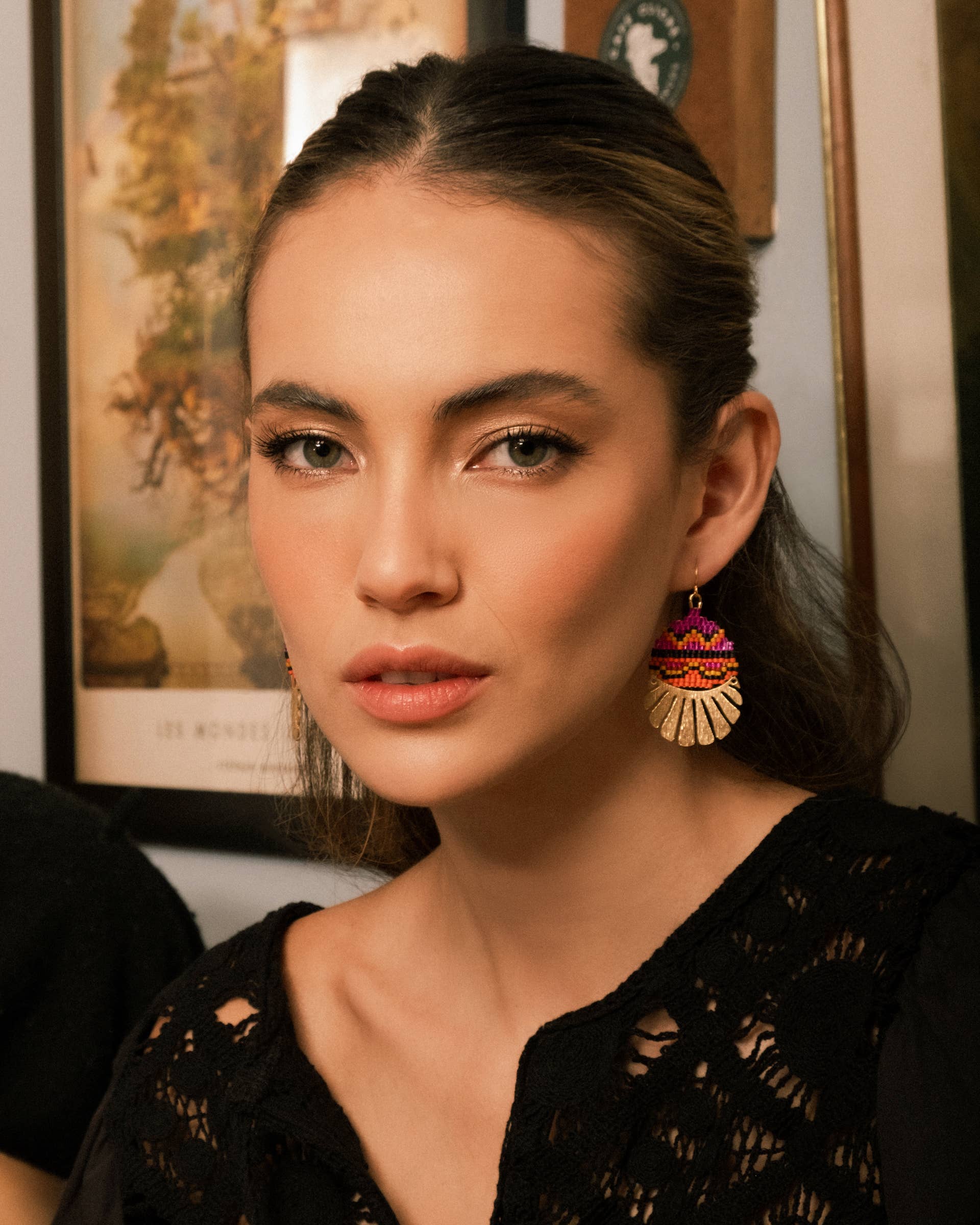 Style inspiration featuring Mayana Designs Beaded Santa Fe Earrings, with the earrings adding a vibrant touch to a black dress
