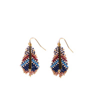 Statement earrings with a bird feather-inspired design, woven with fine glass beads in blue and brown hue