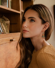 Close-up of a woman styling Mayana Designs artisan-crafted feather earrings in turquoise and orange highlighting their intricate beadwork