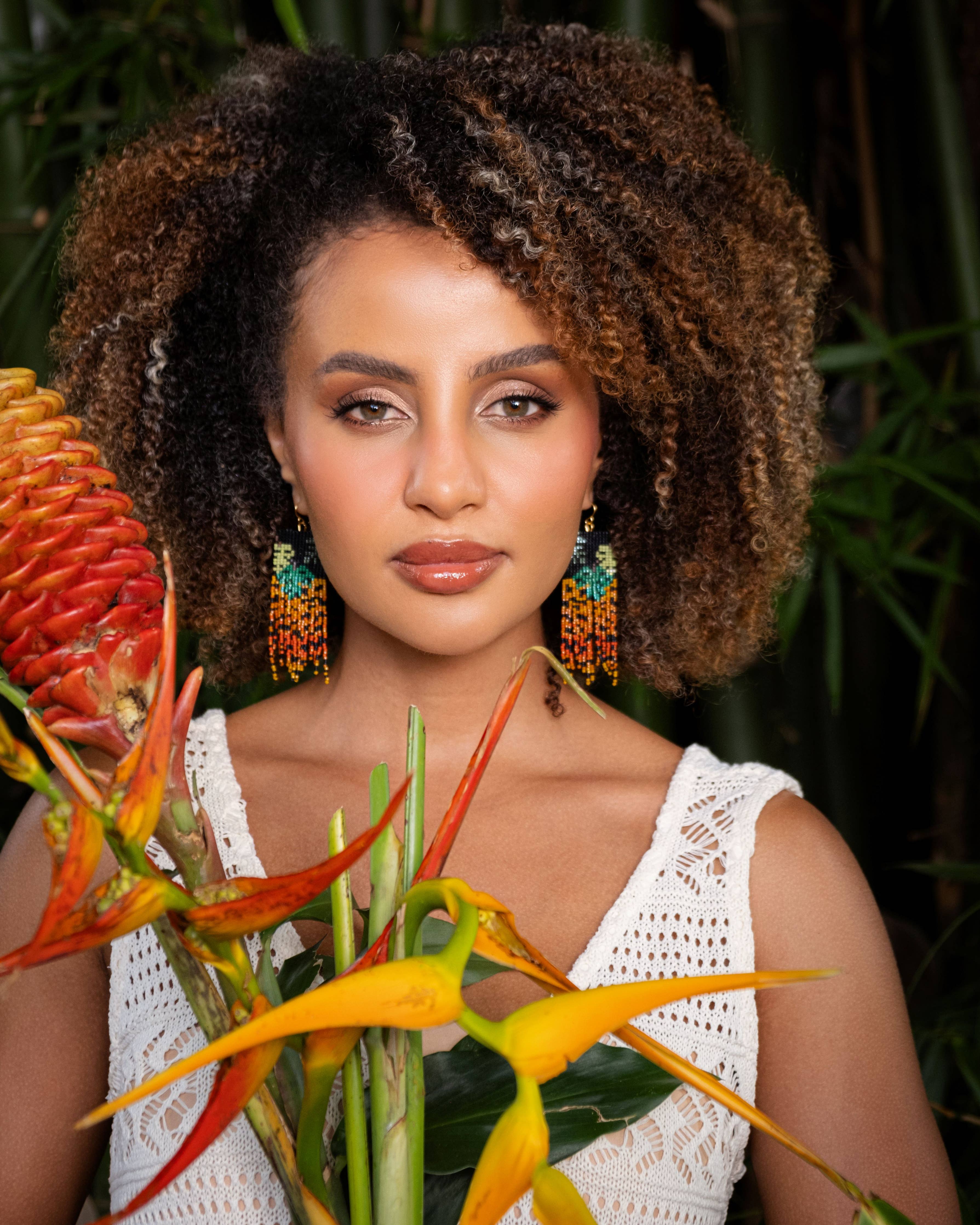 Style inspo featuring Mayana Designs Jaguar Fringe Earrings with a tropical-inspired outfit, perfect for summer vibes