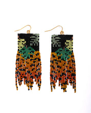 Mayana Designs Beaded Handwoven Jaguar Fringe Earrings featuring iridescent beads and jaguar print fringe