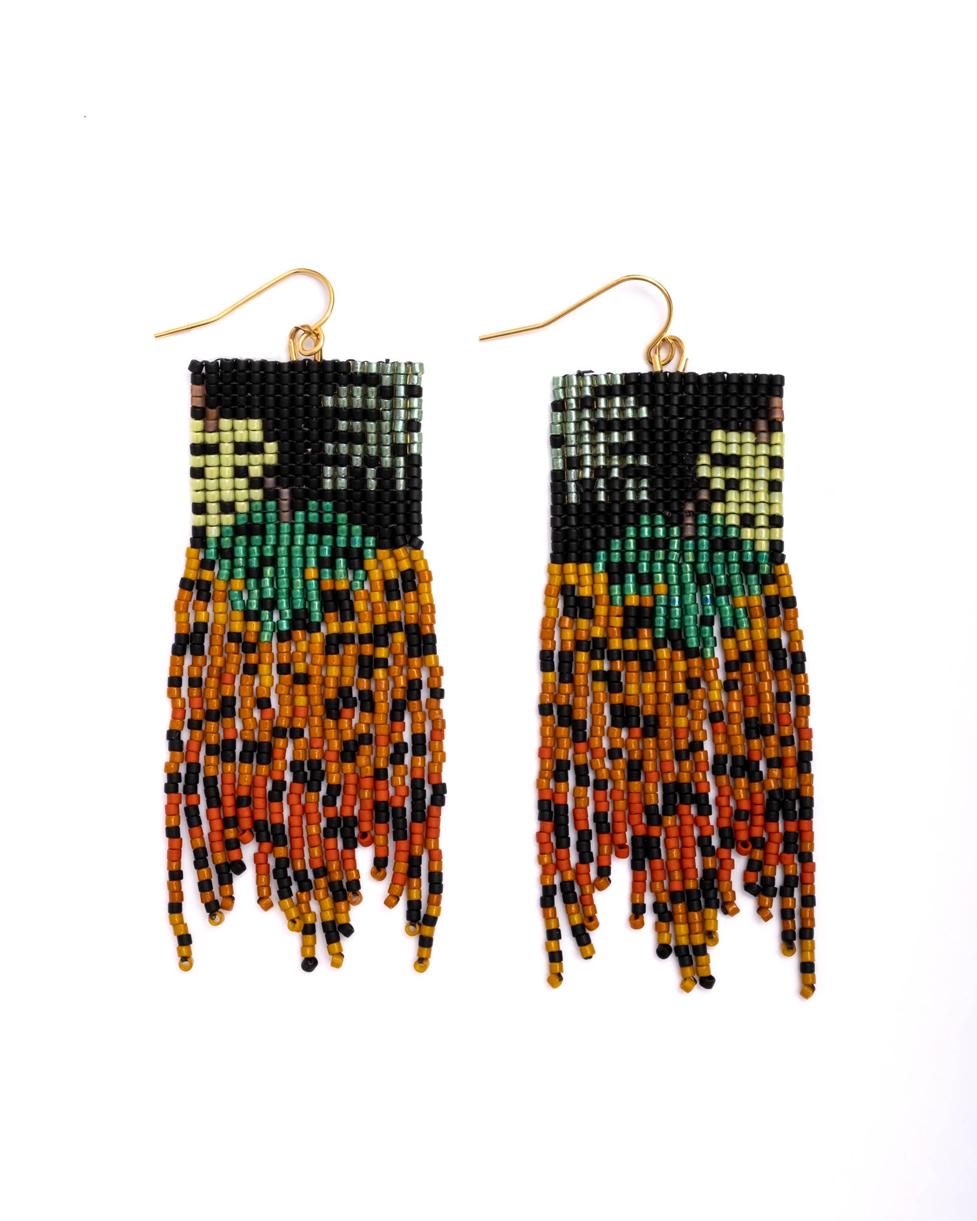 Mayana Designs Beaded Handwoven Jaguar Fringe Earrings featuring iridescent beads and jaguar print fringe