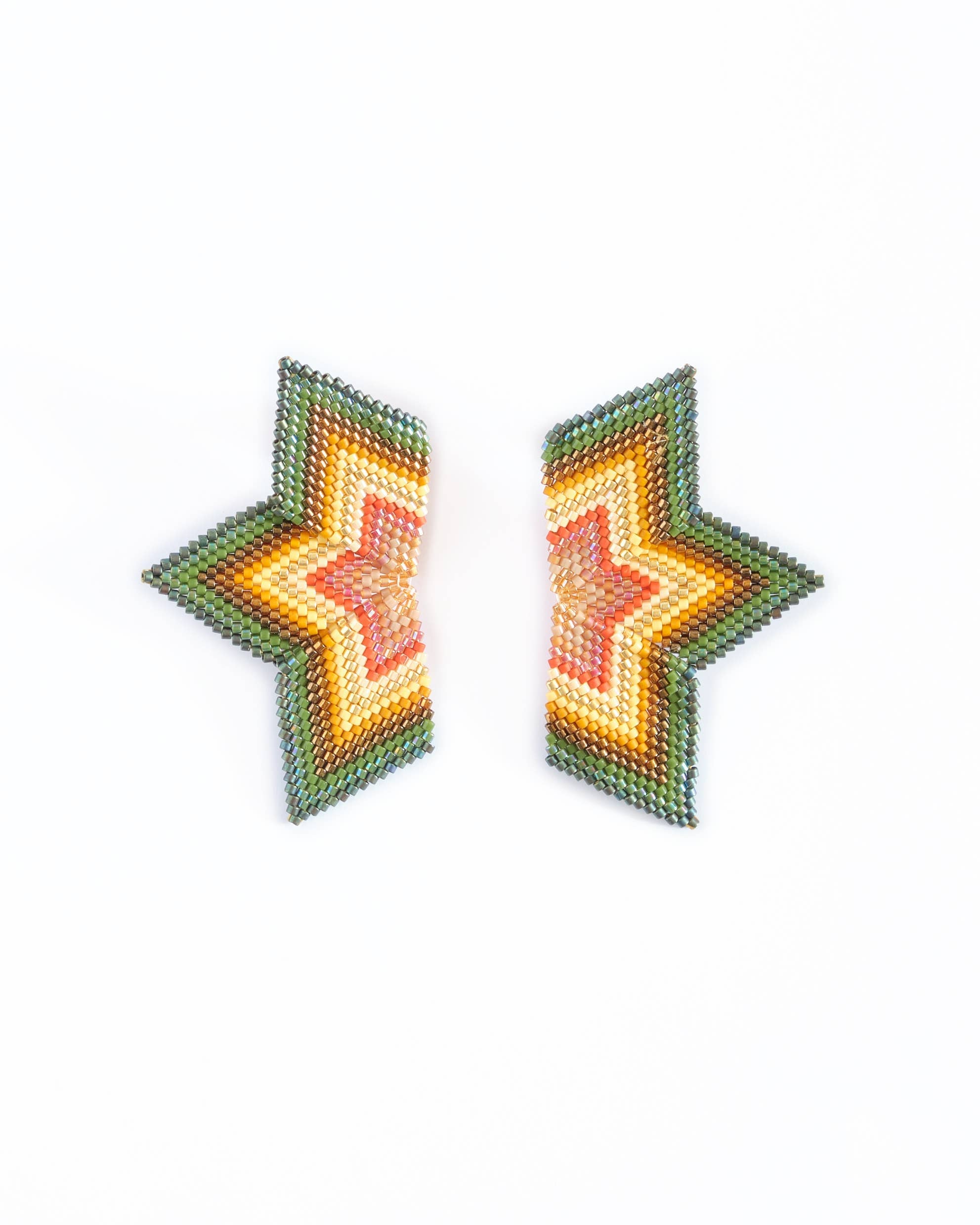 Star earrings in olive and gold beads, showcasing a sophisticated blend of earthy tones and intricate beading.