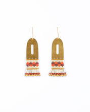 Terracotta Miyuki glass beaded earrings with vibrant color contrast, brass arch, and gold teardrop beads.