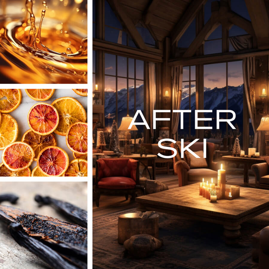 Exquisite Ingredients of the After-Ski Candle include Orange Zest, Tuberose, Ambergris, Patchouli, Leather, Vanilla, Musk.