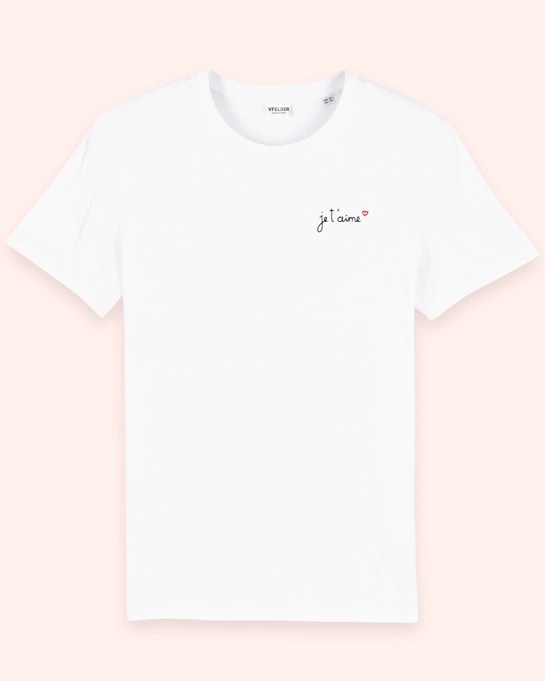 A white organic t - shirt with the words je t'aime - I love you embroidery.