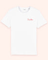 Vfelder White Organic Cotton-Jersey T-shirt with hand-embroidered text in red 'Discultons'