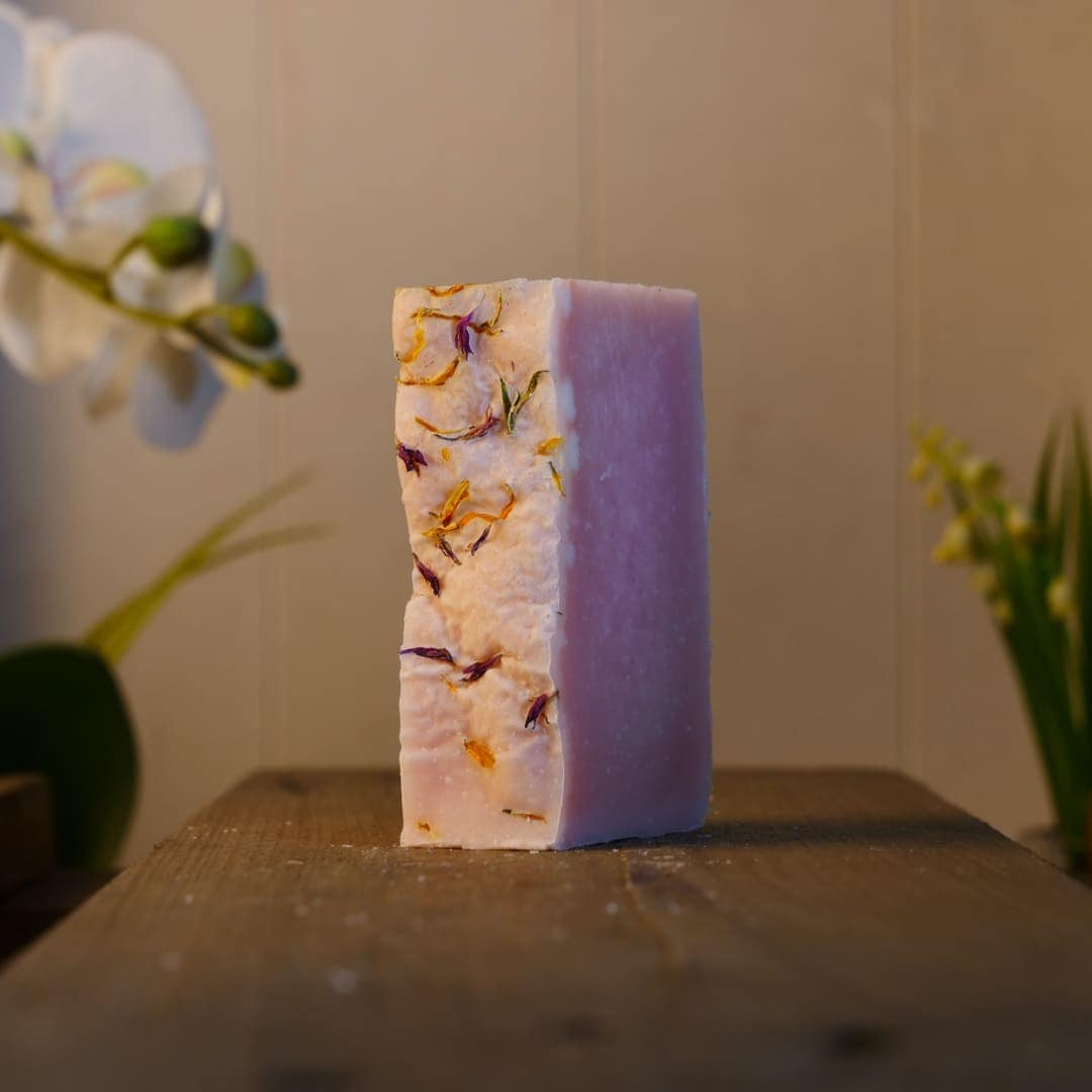 Organic Lavandin Soap bar with goats milk adorned with wild flowers.