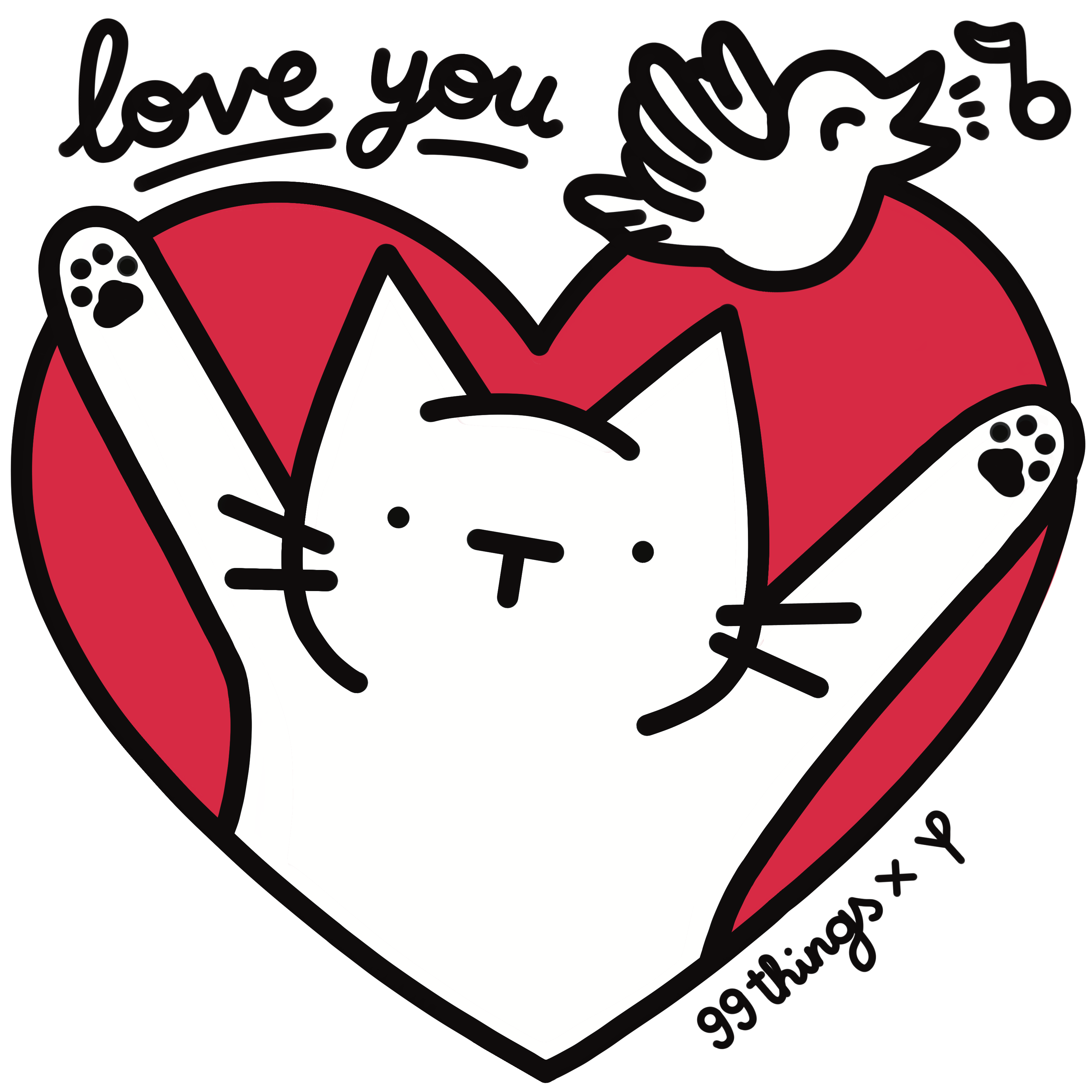 a white cat and a bird inside a red heart saying I love you, unique design created by Vfelder for 99things