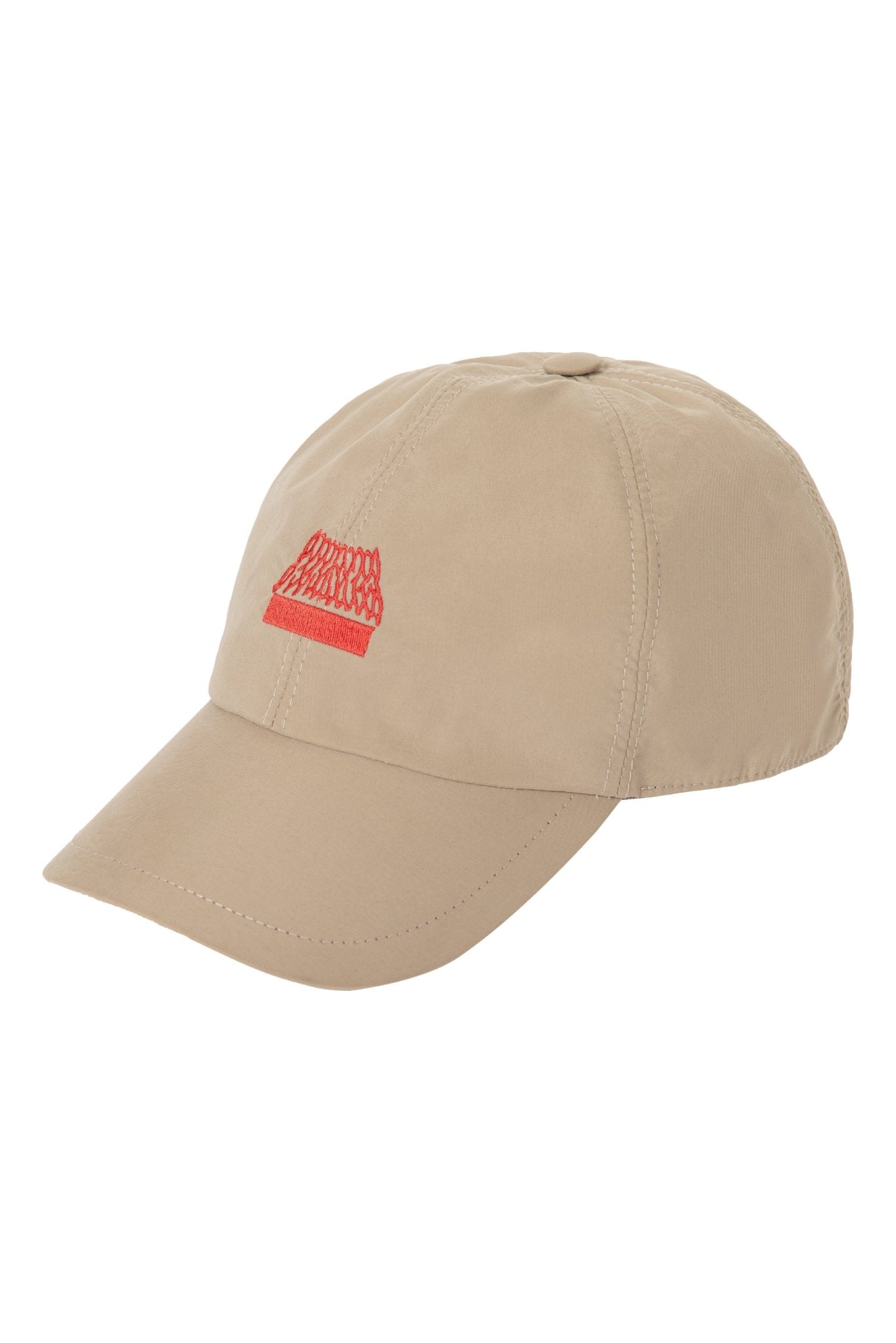 Beige baseball cap with orange embroidered logo by CREST, made from 100% waterproof fabric.