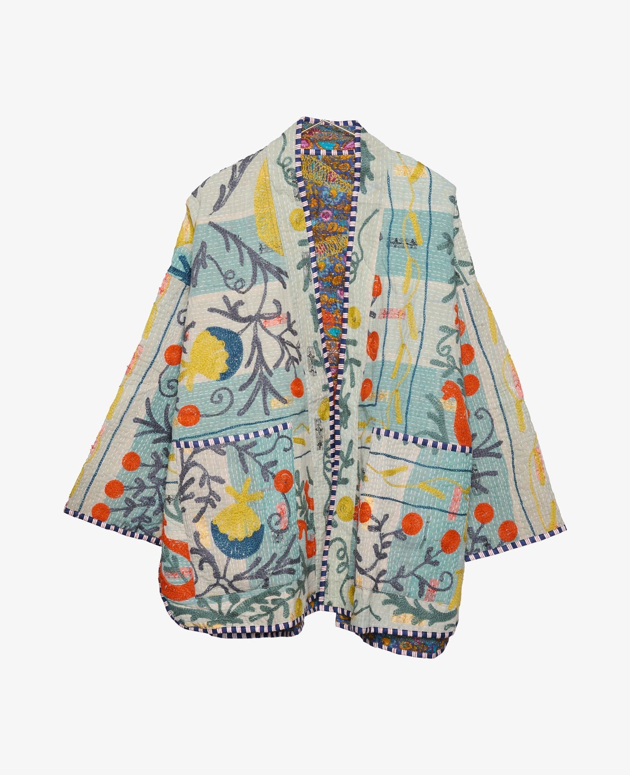 A white and blue Women's Jacket decorated with colorful suzani embroidery