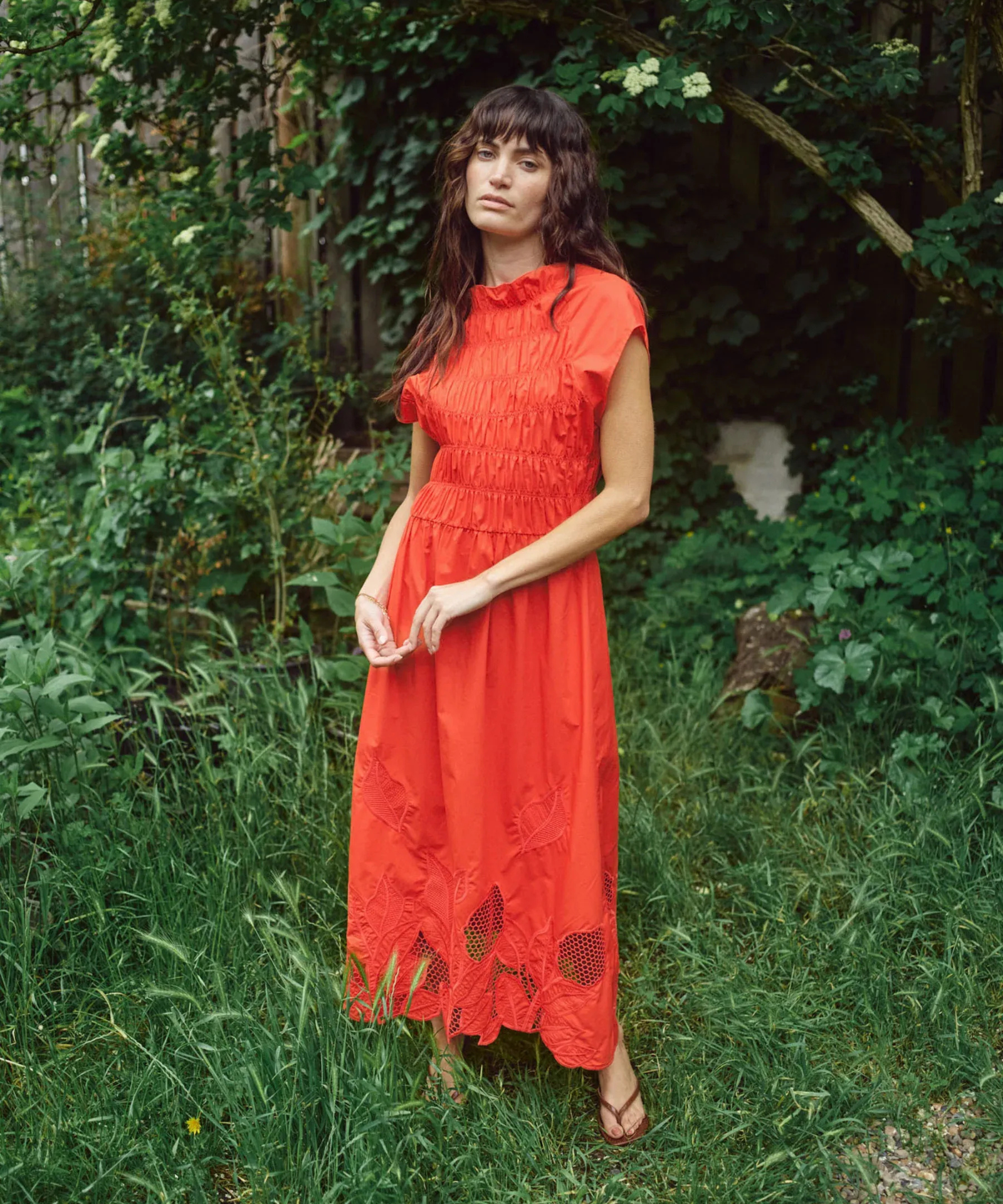 MMAria Mono Embroidered Dress in Soft Coral, front view on model