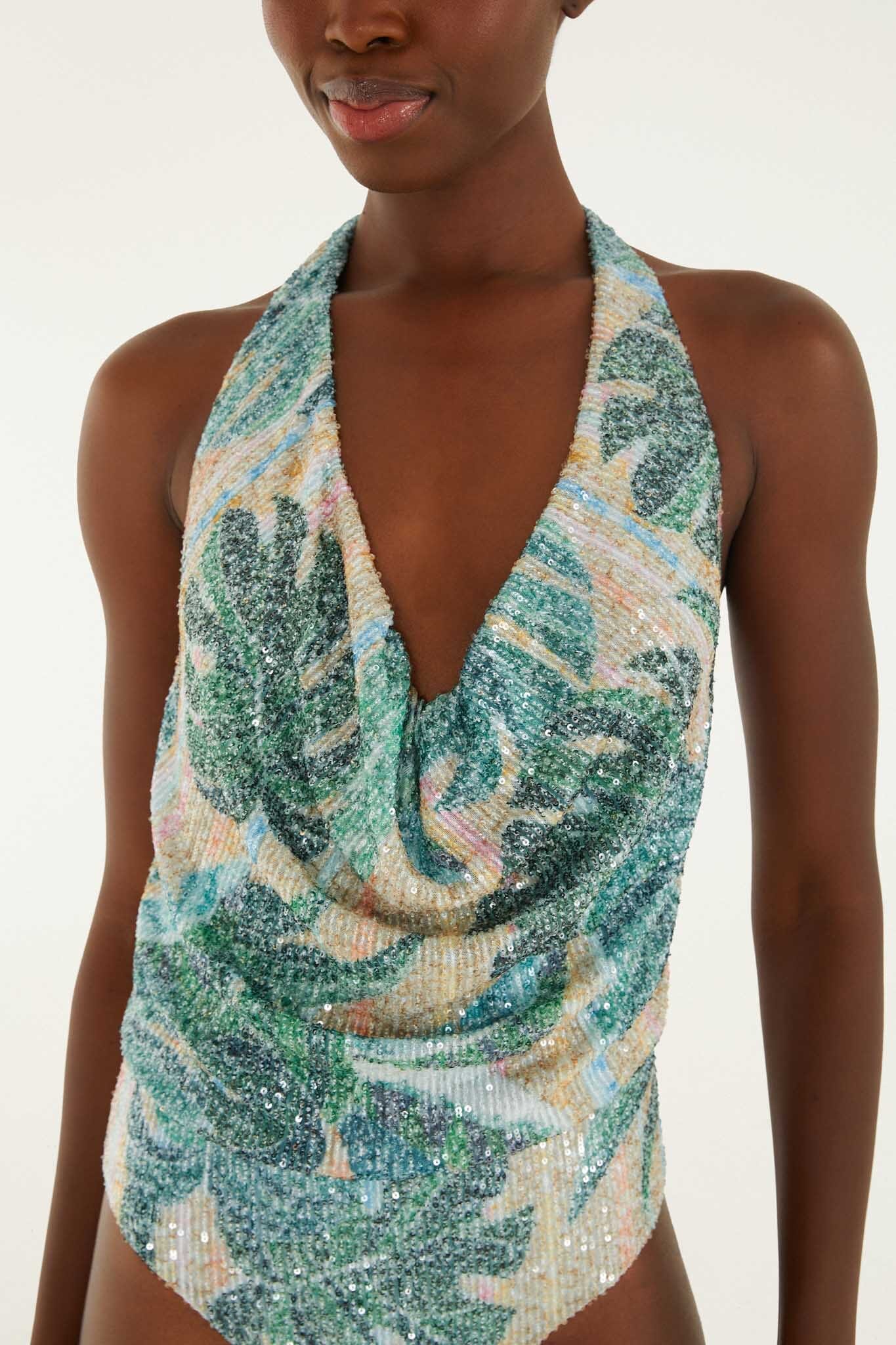 FARM Rio Green Mosaic Sequined One-Piece Swimsuit back view