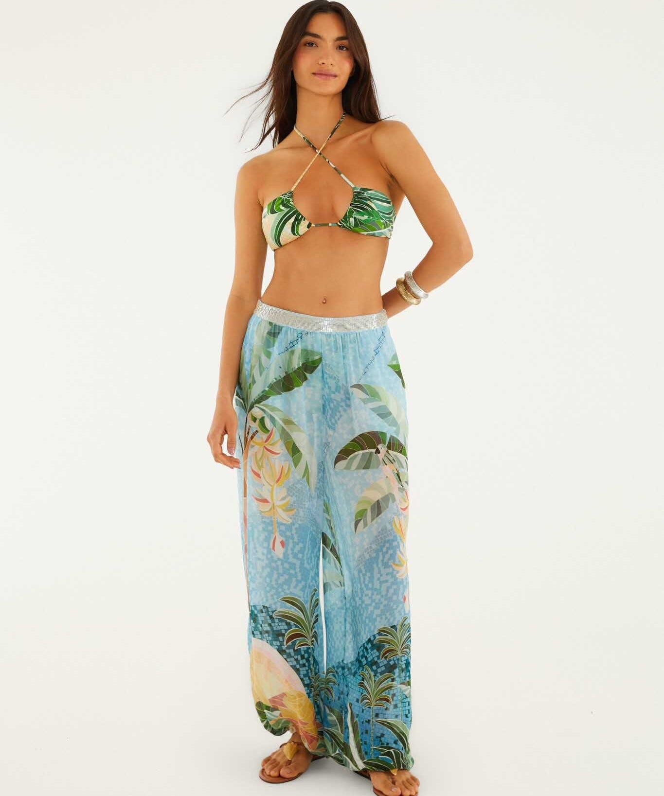 Embroidered Side Buttons Balloon Pants in Mosaic Rio