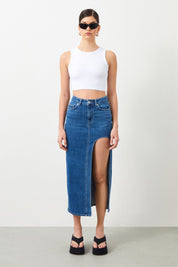  Ra Denim-Ilya Blue Slit Women's Maxi Jean Skirt-2